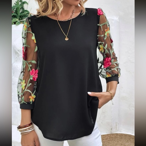 BellanBlue | Tops | Boho Black Floral Embroidered Sheer Sleeve Top ...